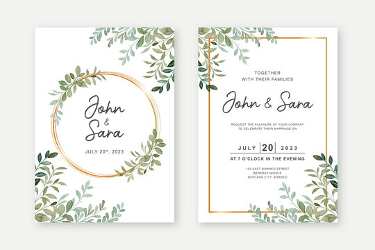 Set wedding invitation card with watercolor green leaves