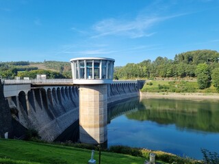 Modern technical building and dam of the Listertalsperre (Lister lake) in Sauerland, North...