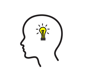 Glowing light bulb in the head. Symbol. Vector illustration.