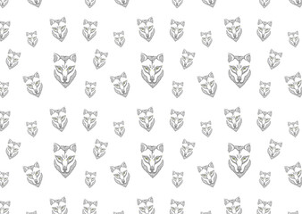 Vector wolf head pattern with decor elements and yellow eyes in hand drawn style.