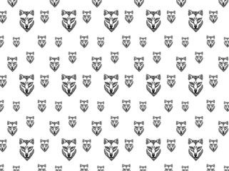 Vector wolf head pattern with decor elements in hand drawn style. Black and white illustration. 