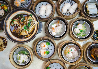 Top view of dumpling morning set in bamboo basket, chinese food.
