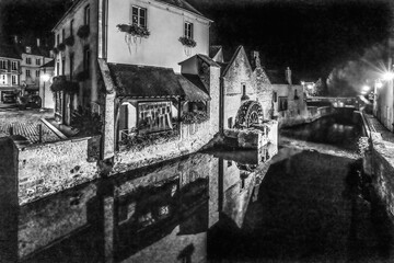 Black White Mill Aure River Night Bayeux Center Normandy France