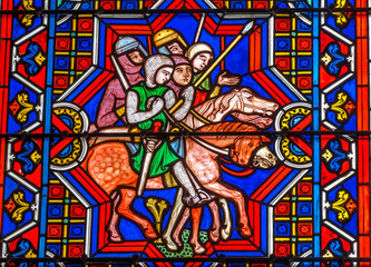 Fototapeta na wymiar Colorful Knights Horses Stained Glass Cathedral Bayeux Normandy France