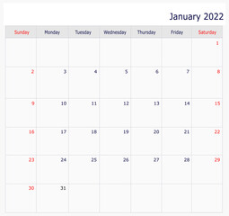 January Calendar 2022 with copy space and table