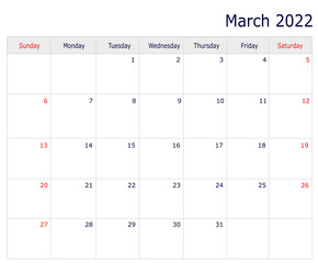 March Calendar 2022 with copy space and table