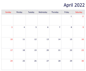 April Calendar 2022 with copy space and table