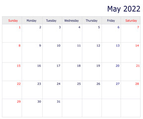 May Calendar 2022 with copy space and table