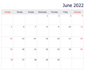 June Calendar 2022 with copy space and table