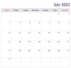 July Calendar 2022 with copy space and table