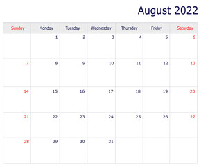 August Calendar 2022 with copy space and table