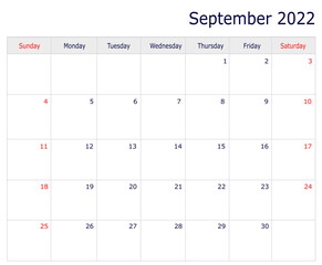 September Calendar 2022 with copy space and table