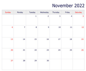November Calendar 2022 with copy space and table
