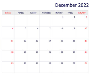 December Calendar 2022 with copy space and table
