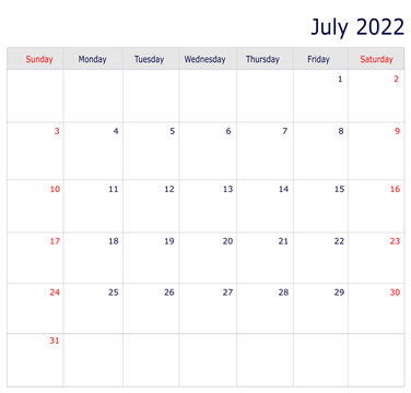 July Calendar 2022 With Copy Space And Table