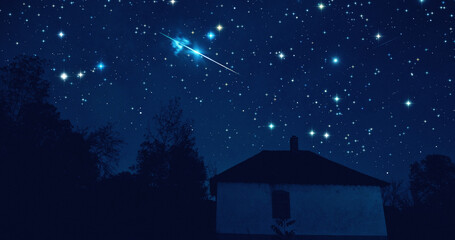 Countryside house, Milky Way stars and shooting stars.