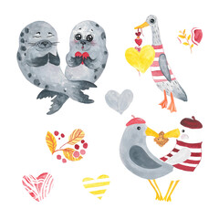 cute watercolor elements for valentine's day love squirrels, love seals, hearts, goose with heart
