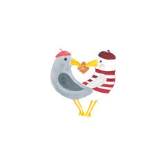 cute seagulls in berets with cookies in their beaks for valentine's day