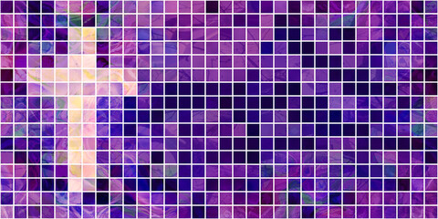 light cross on dark purple marbled mosaic grid background with copy space