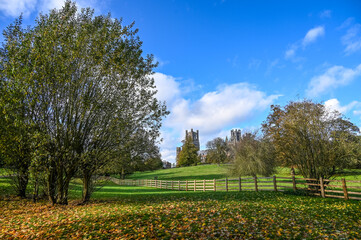 Naklejka premium Cathedral of Ely and Cherry Hill Park on a sunny autumn day