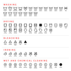 Laundry symbols, care symbols. Washing, drying, bleaching, ironing and cleaning. Laundry guide, care tags, labels and pictograms with instruction. Set of black linear icons of washing guide. Vector - 480583223