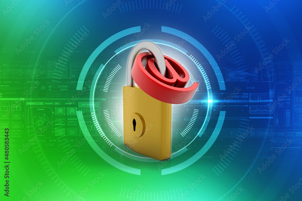 Poster 3d rendering e-mail symbol with lock. internet security concept