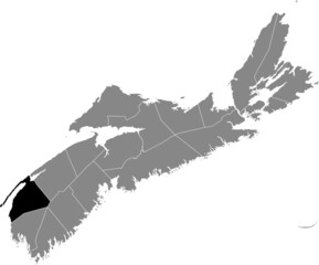 Black flat blank highlighted location map of the DIGBY COUNTY inside gray administrative map of counties of Canadian province of Nova Scotia, Canada