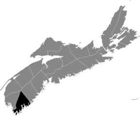 Black flat blank highlighted location map of the SHELBURNE COUNTY inside gray administrative map of counties of Canadian province of Nova Scotia, Canada