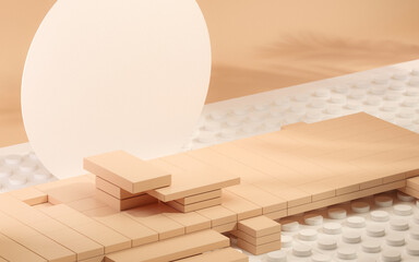 bricks and podium. White and beige plastic Building Block on pastel background. Toy manufacturer. Peach Fuzz is color trend of the Year 2024