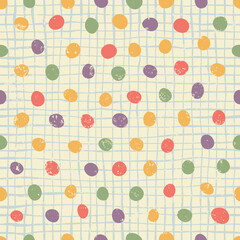 Seamless pattern with polka dots on a checkered background. Drawn in children's style.