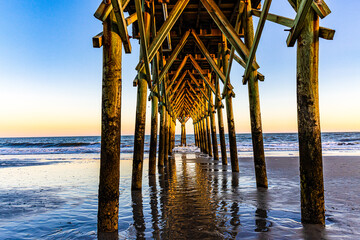Sunset Reflections on Fourteenth Avenue Beach and Pier, Myrtle Beach, South Carolina, USA