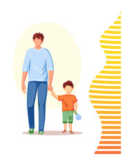 Happy father holding hand of his son. Dad and son bring flowers to pregnant mother. Men's care for women. Scene of togetherness and tenderness. Flat vector illustration isolated on white background