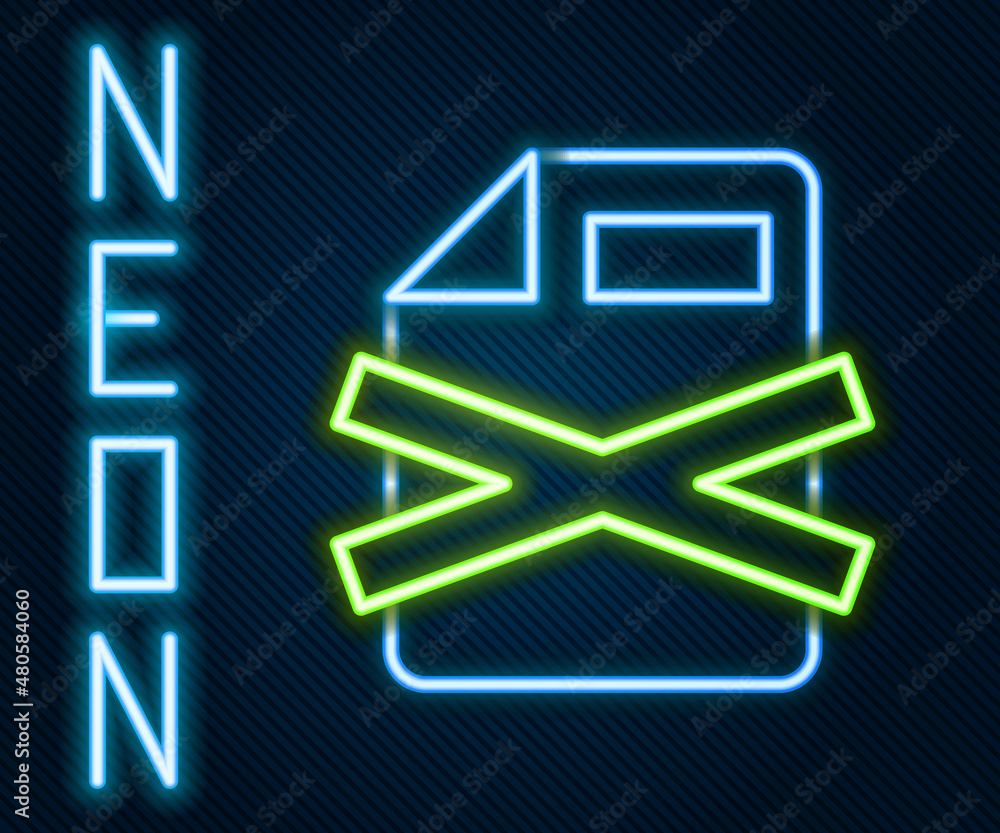 Poster glowing neon line delete file document icon isolated on black background. rejected document icon. cr
