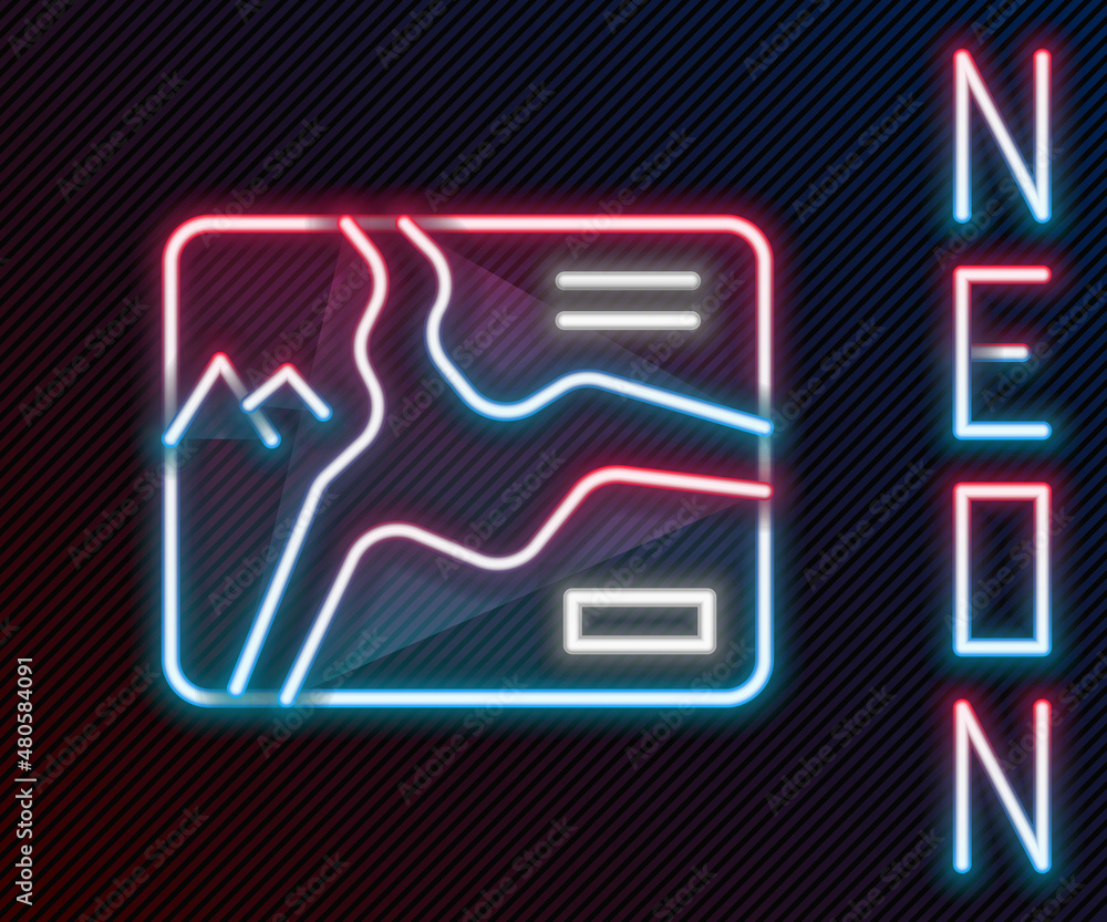 Poster glowing neon line topographic map with route and coordinates icon isolated on black background. colo