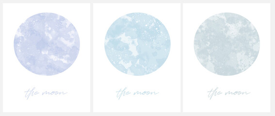 3 Varius Blue Color Moons. Simple Vector Illustration with Watercolor Style Full Moon Isolated on a White Background. Cute Pastel Color Galaxy Print Ideal for Kids Room Decoration, Wall Art.