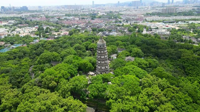 Aerial photography of Suzhou Chinese Garden Tiger Hill Pagoda