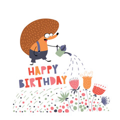 Happy Birthday. Greeting card with cute hedgehog.