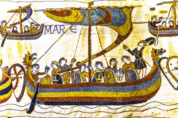 Norman Invastion Ship Bayeux Tapestry Bayeux Normandy France - obrazy, fototapety, plakaty