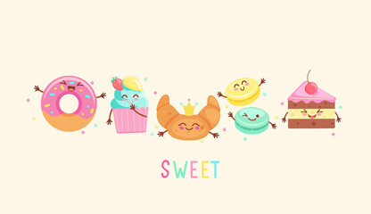 Funny tasty sweet bakery food icons.Hand drawn cake, macaroon, donut, cupcake, croissant.Set kawaii smiling pastry for advertise, web,design,print. Vector illustration, character isolated on white.