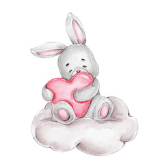 Obraz na płótnie Canvas Little bunny with heart sits on cloud; watercolor hand drawn illustration; with white isolated background
