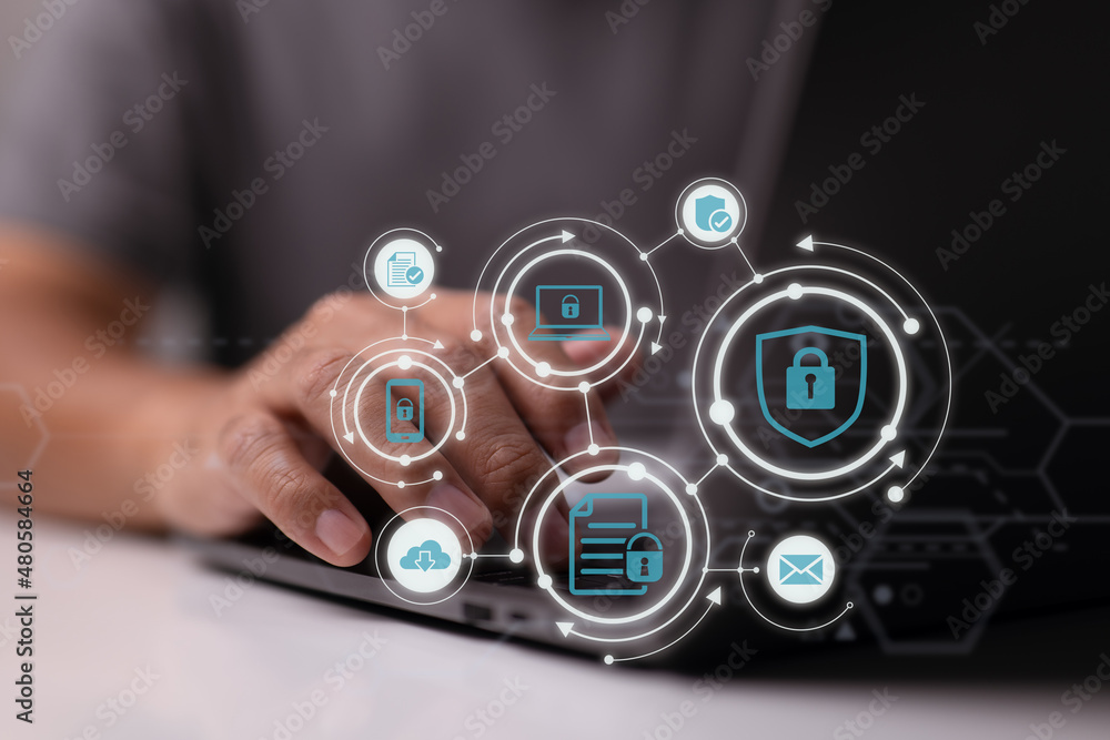 Poster Data protection concept with man using a laptop computer.