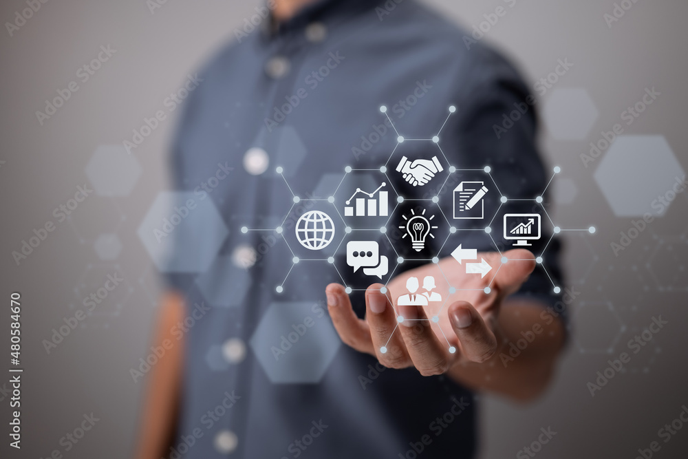 Poster content marketing concept. businessman with global internet network connection technology, digital m