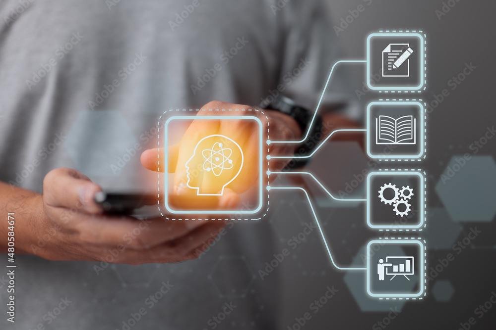Poster online education concept with person using a smartphone. e-learning, learn on internet