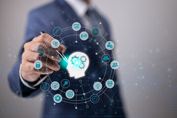 Businessman touch on AI icon. Machine learning AI Artificial intelligence neural network technology concept.