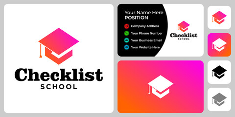 Academic cap and checklist logo design with business card template.