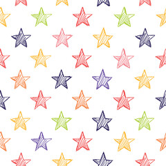 Seamless pattern with hearts, stars and polka dots. The background in bright colors is drawn in a children's style.