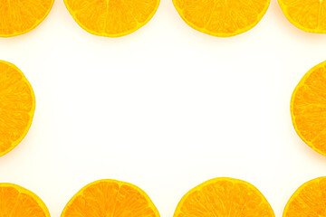 Frame from juicy slices of orange on light background with copy space. Tangerines edge border background. Bright tasty creative background. Top view