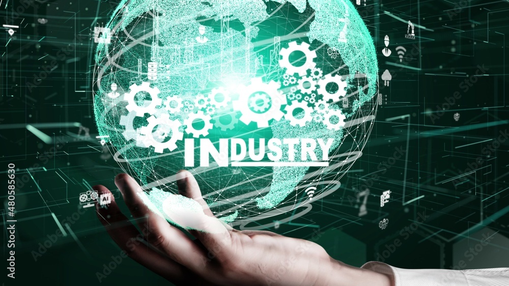 Poster futuristic industry 4.0 and inventive mechanized engineering concept with graphic user interface sho