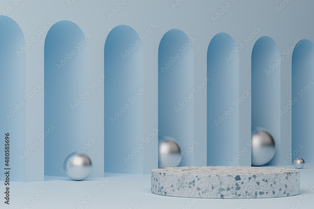 Poster 3d rendering empty cylinder podium on light blue background. abstract scene for product display.