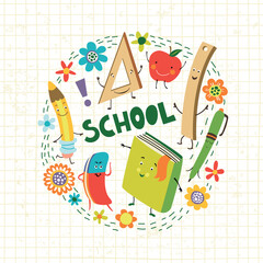 Back to school. School supplies: book, pencil, pen, eraser, ruler.